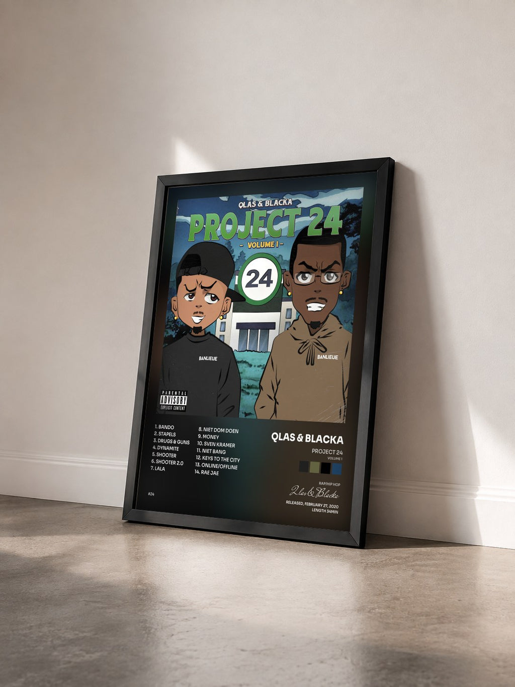#noir Tableau de l'album Project 24 (Volume 1) de Qlas & Blacka vu de trois quarts, cadre noir