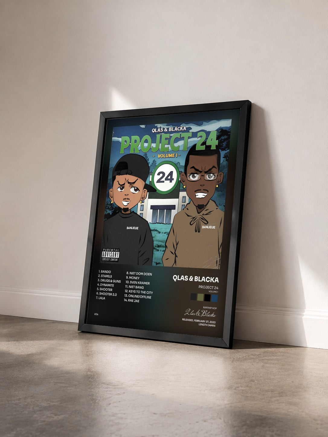 #noir Tableau de l'album Project 24 (Volume 1) de Qlas & Blacka vu de trois quarts, cadre noir