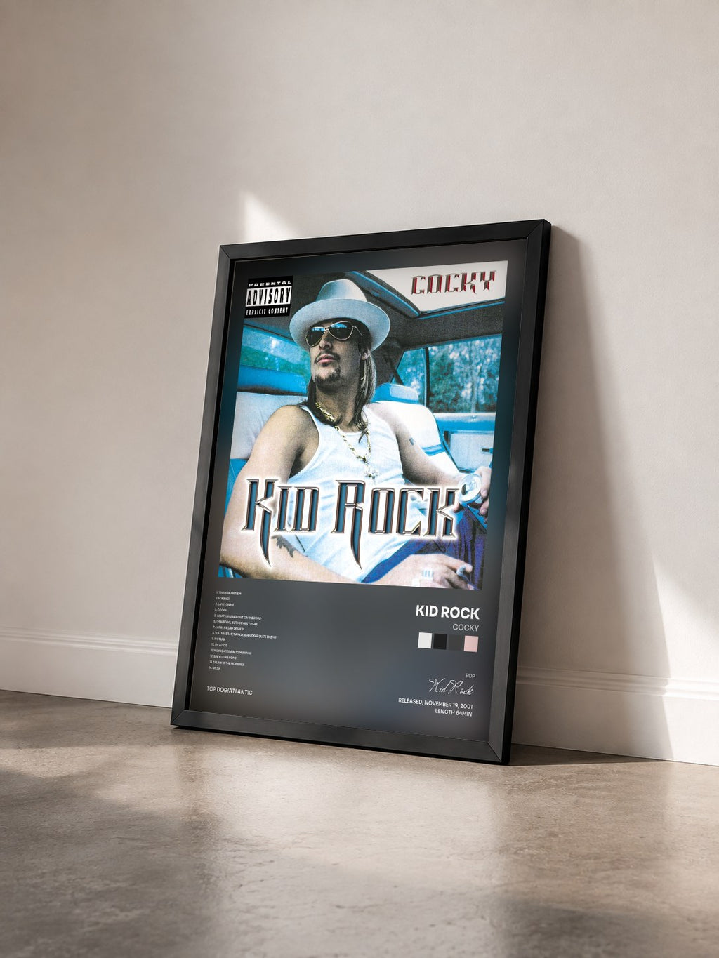 #noir Tableau de l'album Cocky de Kid Rock vu de trois quarts, cadre noir