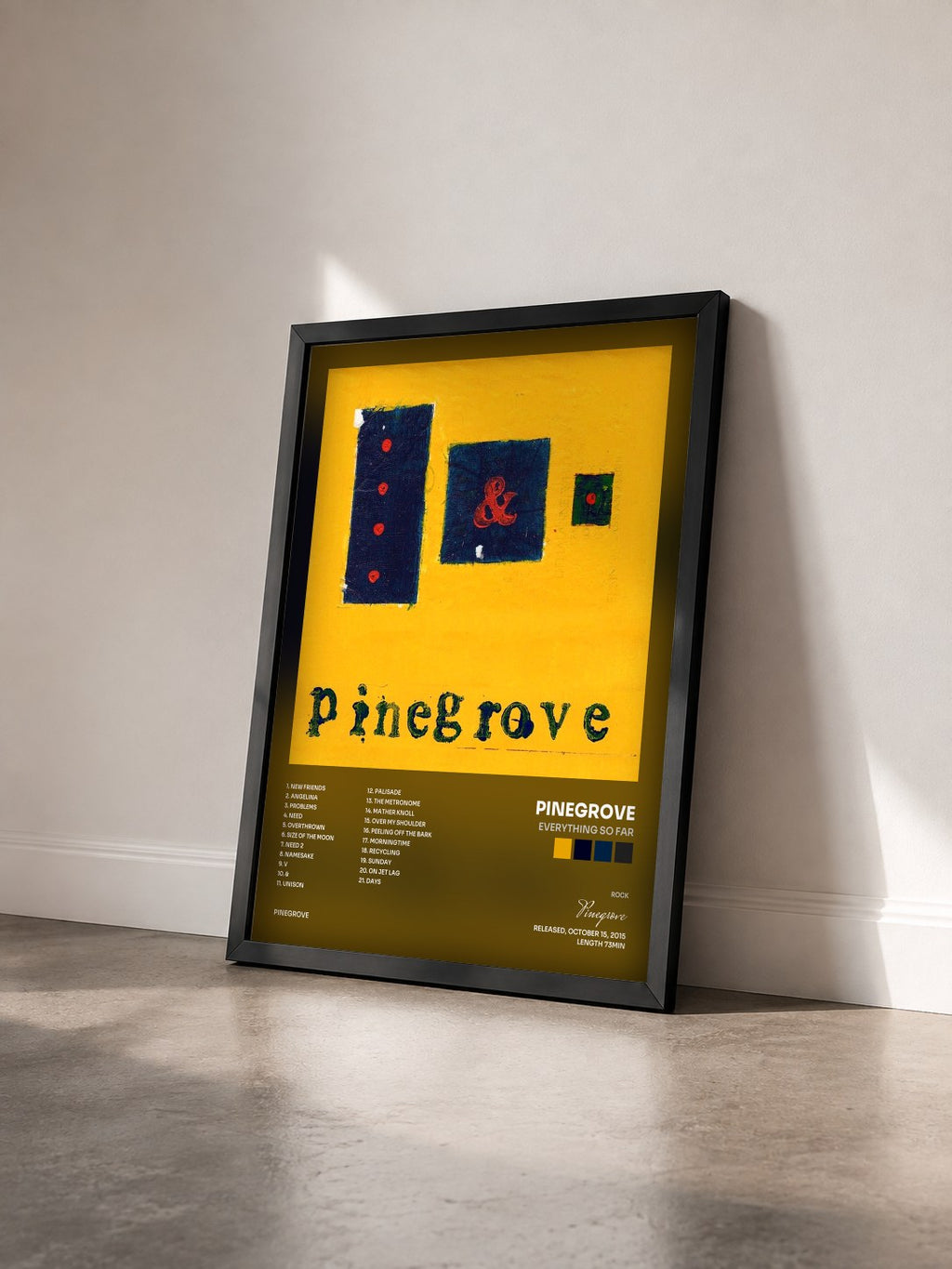 #noir Tableau de l'album Everything So Far de Pinegrove vu de trois quarts, cadre noir