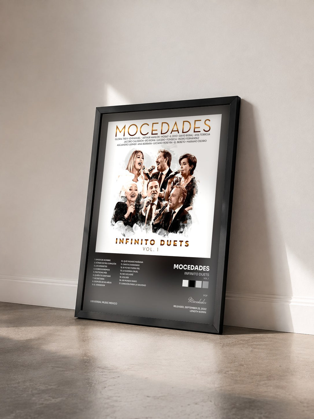 #noir Tableau de l'album Infinito Duets (Vol. 1) de Mocedades vu de trois quarts, cadre noir