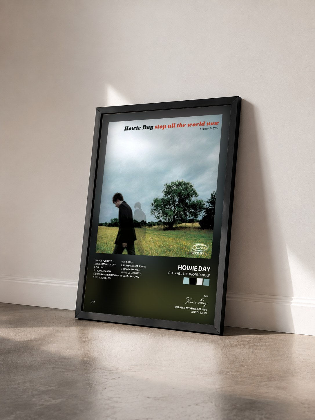 #noir Tableau de l'album Stop All The World Now de Howie Day vu de trois quarts, cadre noir