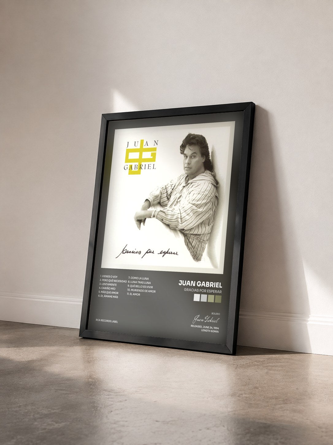 #noir Tableau de l'album Gracias por Esperar de Juan Gabriel vu de trois quarts, cadre noir