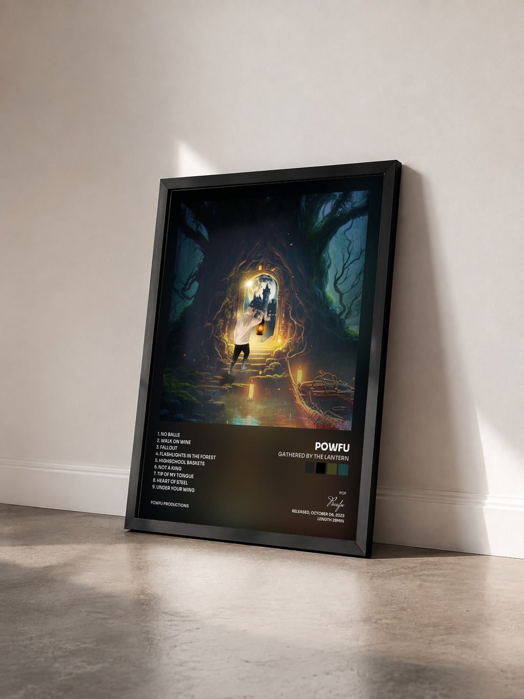 #noir Tableau de l'album Gathered By The Lantern de Powfu vu de trois quarts, cadre noir
