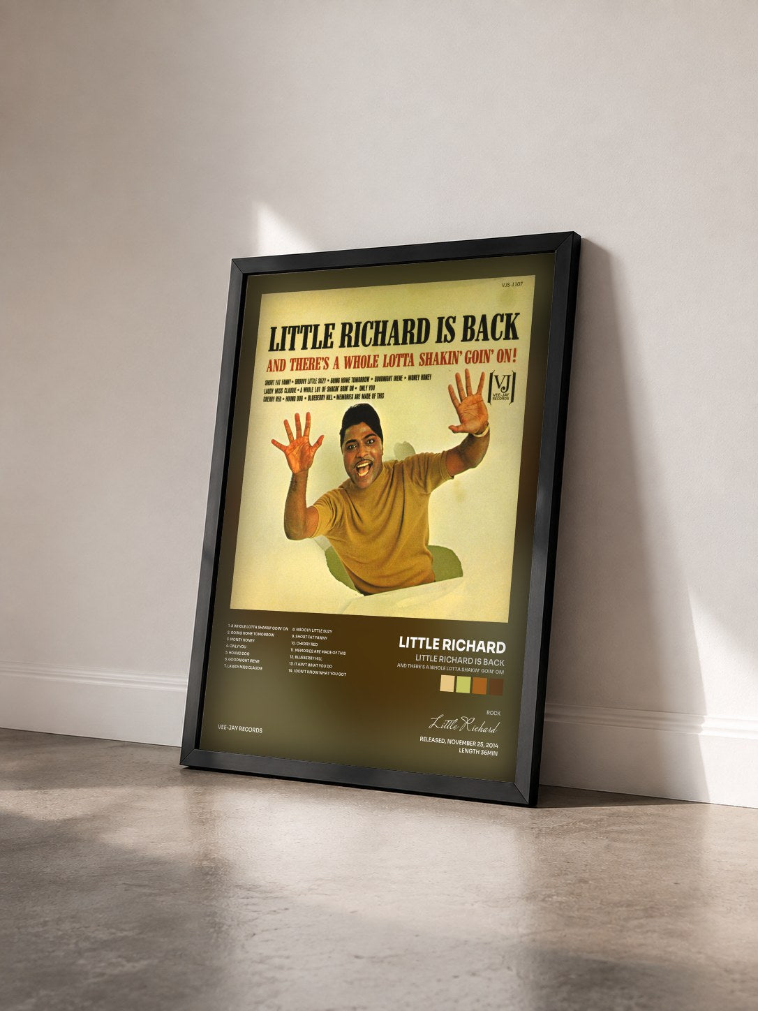 #noir Tableau de l'album Little Richard Is Back (And There's A Whole Lotta Shakin' Goin' On!) de Little Richard vu de trois quarts, cadre noir