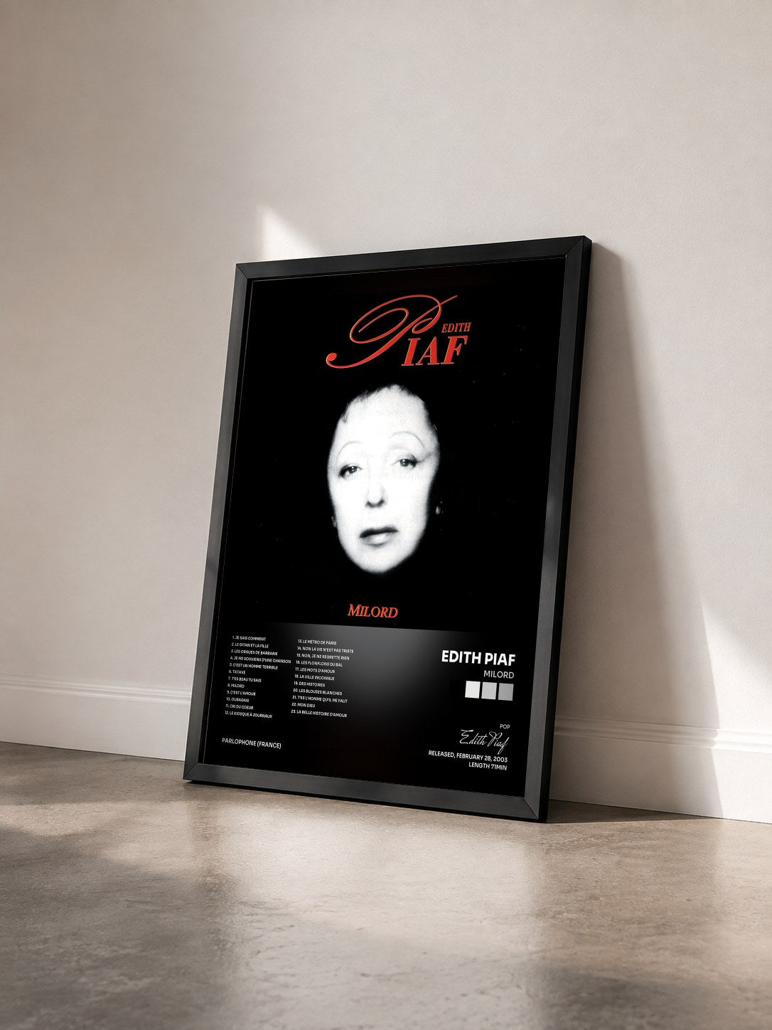 #noir Tableau de l'album milord de Edith Piaf vu de trois quarts, cadre noir