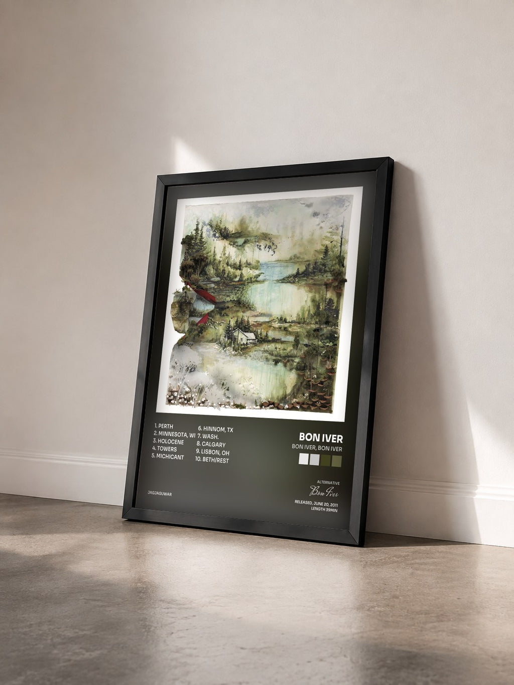 #noir Tableau de l'album Bon Iver, Bon Iver de Bon Iver vu de trois quarts, cadre noir