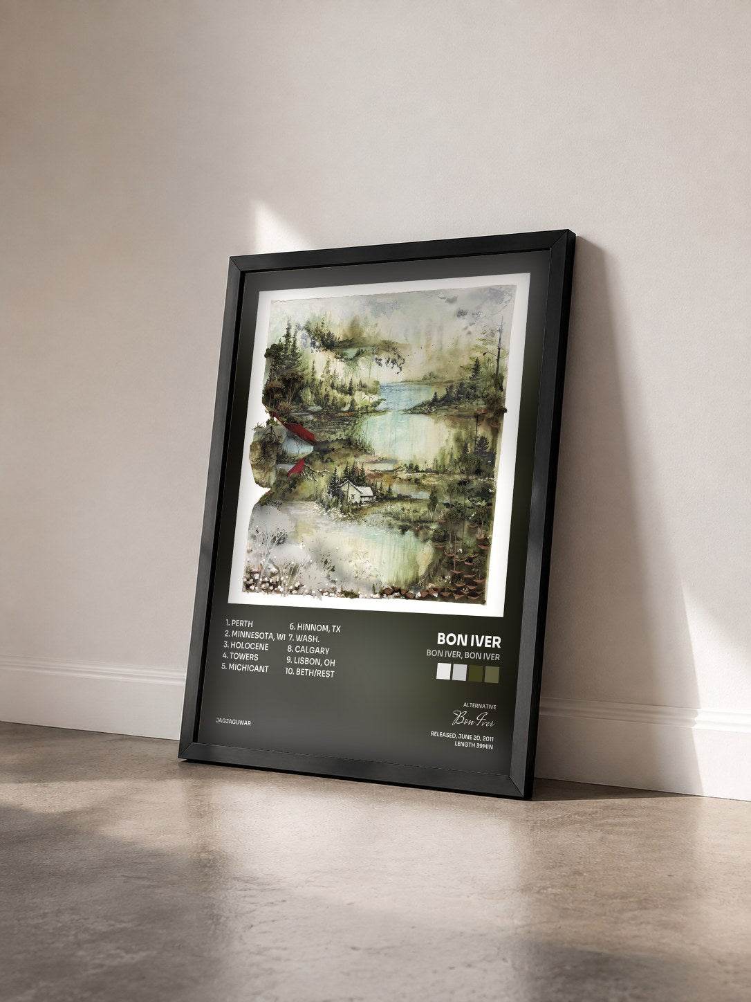 #noir Tableau de l'album Bon Iver, Bon Iver de Bon Iver vu de trois quarts, cadre noir