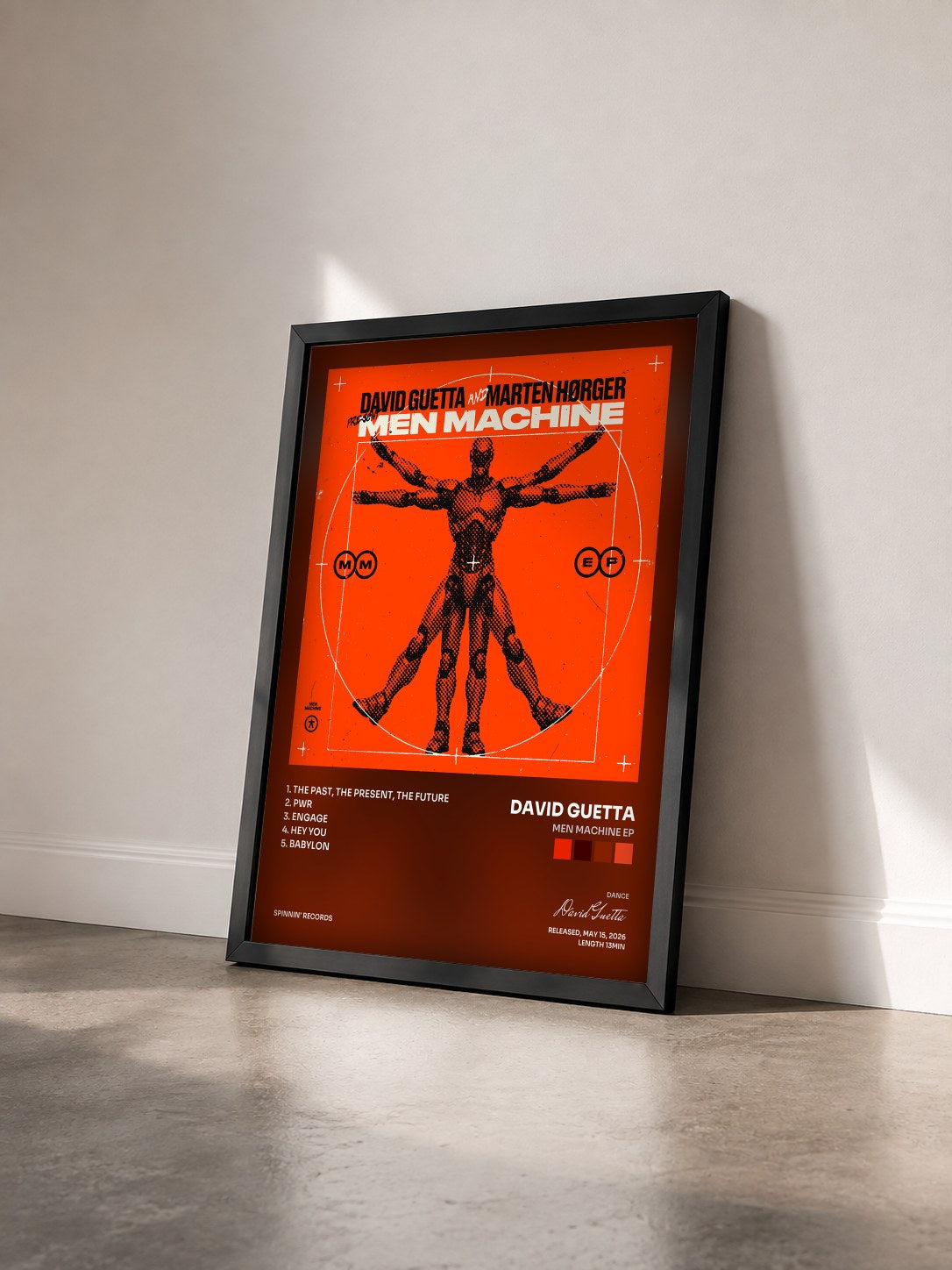 #noir Tableau de l'album Men Machine EP de David Guetta vu de trois quarts, cadre noir