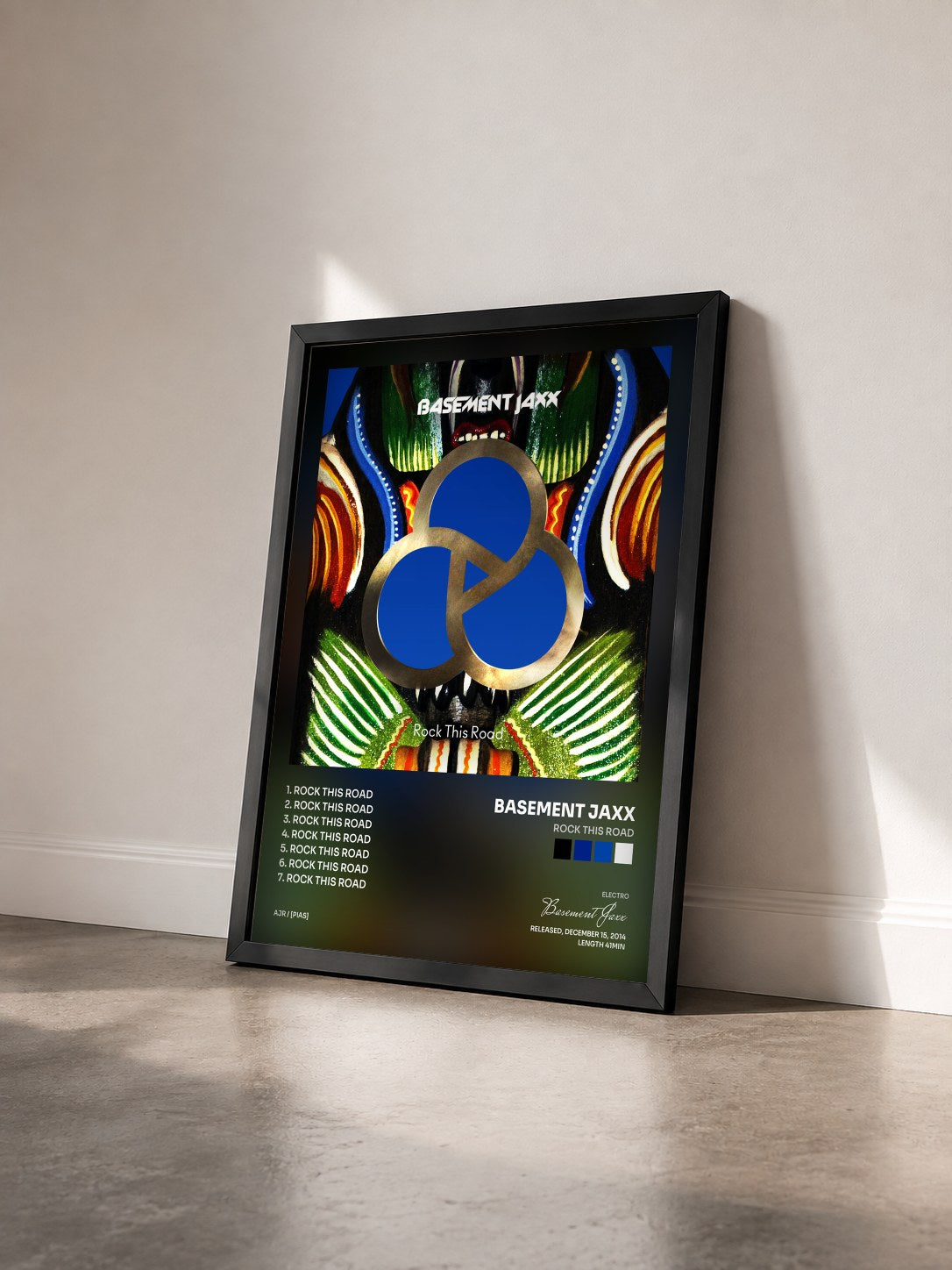 #noir Tableau de l'album Rock This Road de Basement Jaxx vu de trois quarts, cadre noir