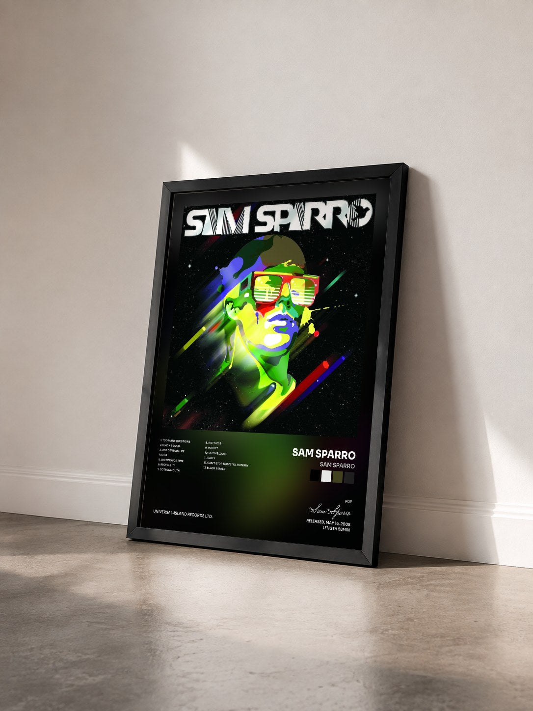 #noir Tableau de l'album Sam Sparro de Sam Sparro vu de trois quarts, cadre noir