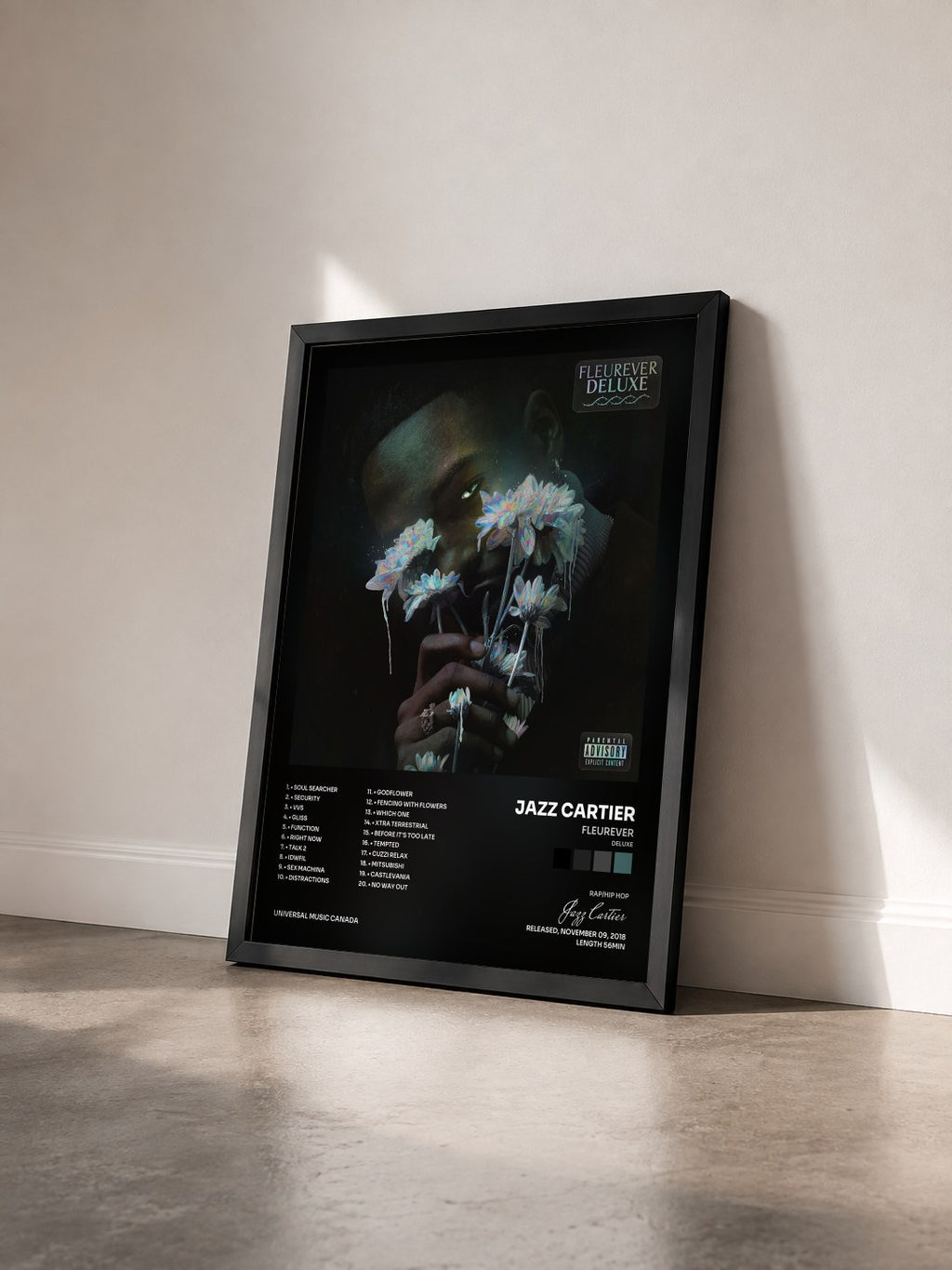 #noir Tableau de l'album Fleurever (Deluxe) de Jazz Cartier vu de trois quarts, cadre noir
