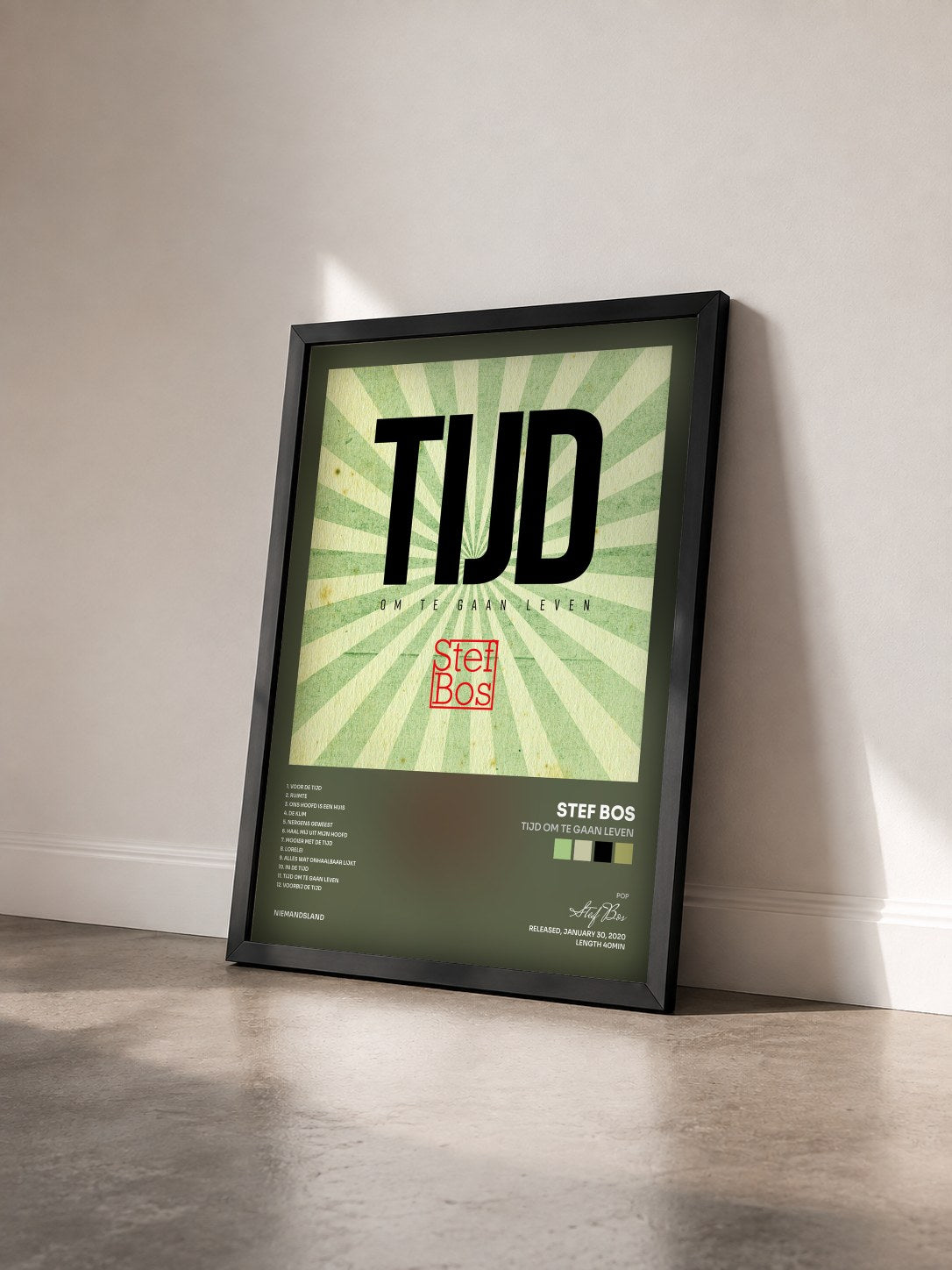 #noir Tableau de l'album TIJD Om Te Gaan Leven de Stef Bos vu de trois quarts, cadre noir