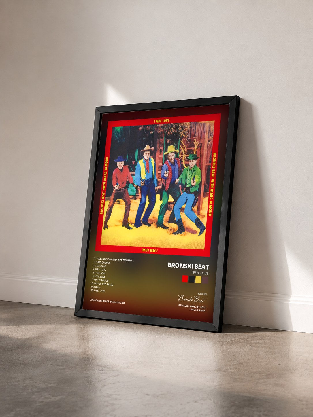 #noir Tableau de l'album I Feel Love de Bronski Beat vu de trois quarts, cadre noir