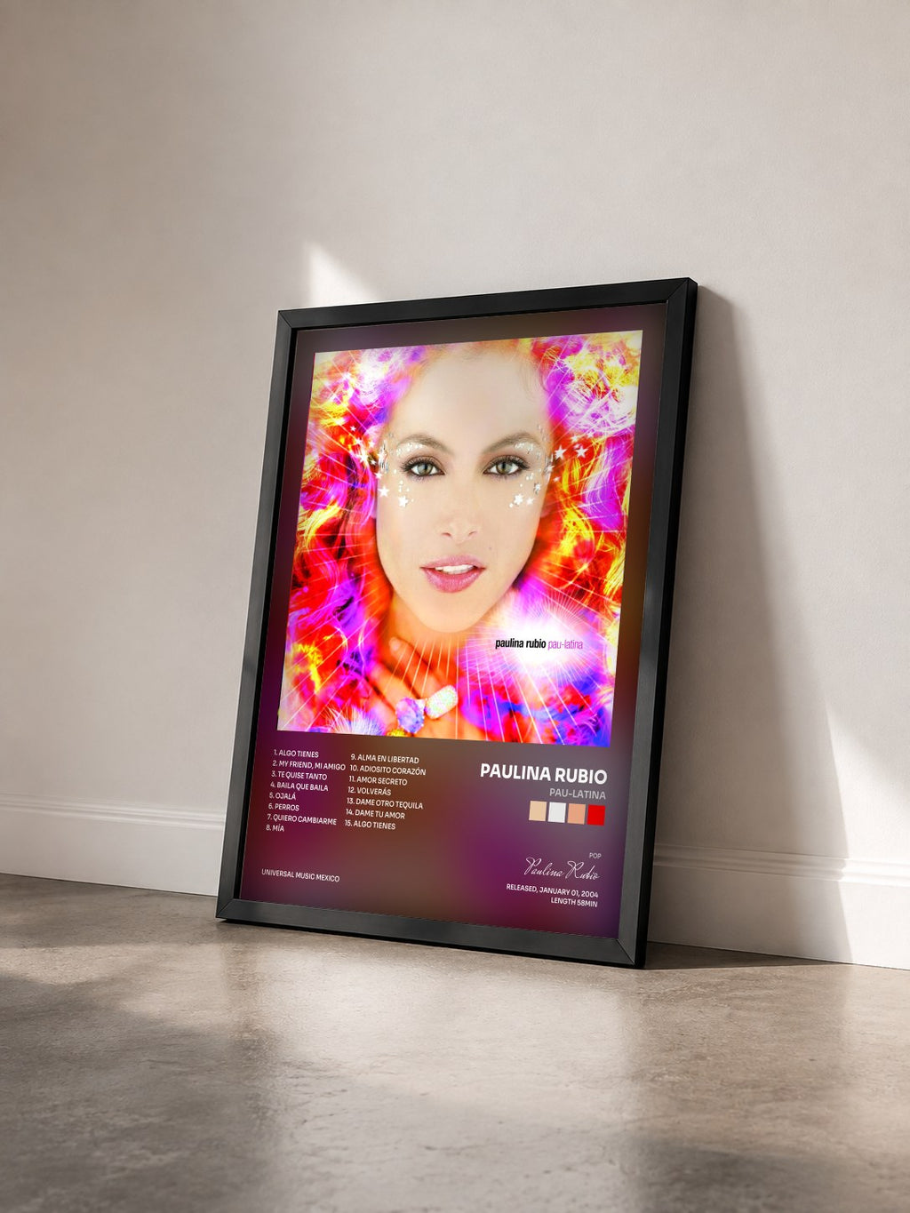 #noir Tableau de l'album Pau-Latina de Paulina Rubio vu de trois quarts, cadre noir