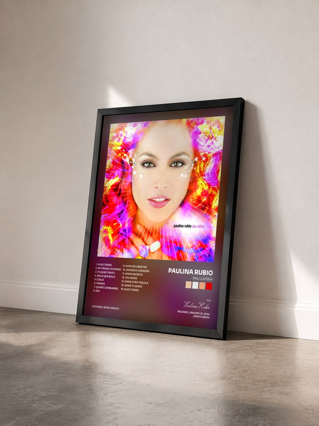 #noir Tableau de l'album Pau-Latina de Paulina Rubio vu de trois quarts, cadre noir