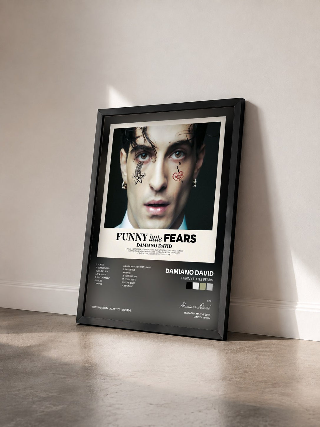 #noir Tableau de l'album FUNNY little FEARS de Damiano David vu de trois quarts, cadre noir