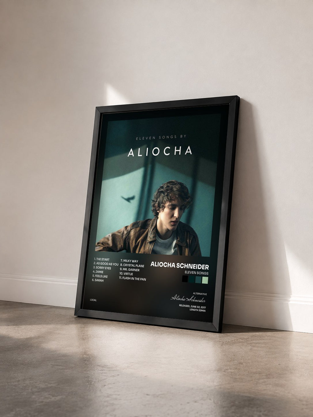 #noir Tableau de l'album Eleven Songs de Aliocha Schneider vu de trois quarts, cadre noir