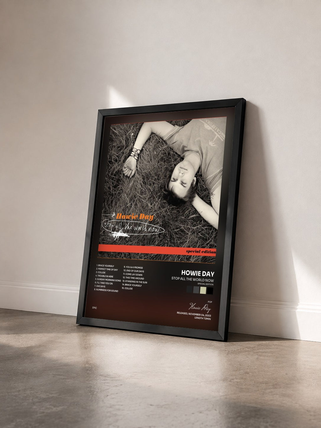 #noir Tableau de l'album Stop All the World Now (Special Edition) de Howie Day vu de trois quarts, cadre noir