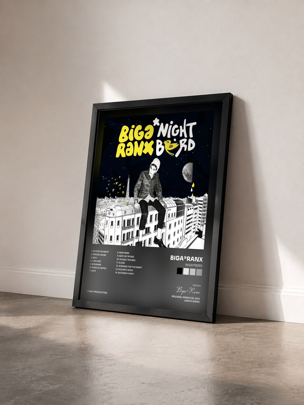 #noir Tableau de l'album Nightbird de Biga*Ranx vu de trois quarts, cadre noir