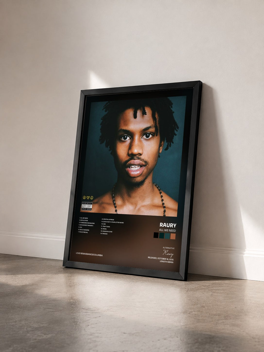 #noir Tableau de l'album All We Need de Raury vu de trois quarts, cadre noir
