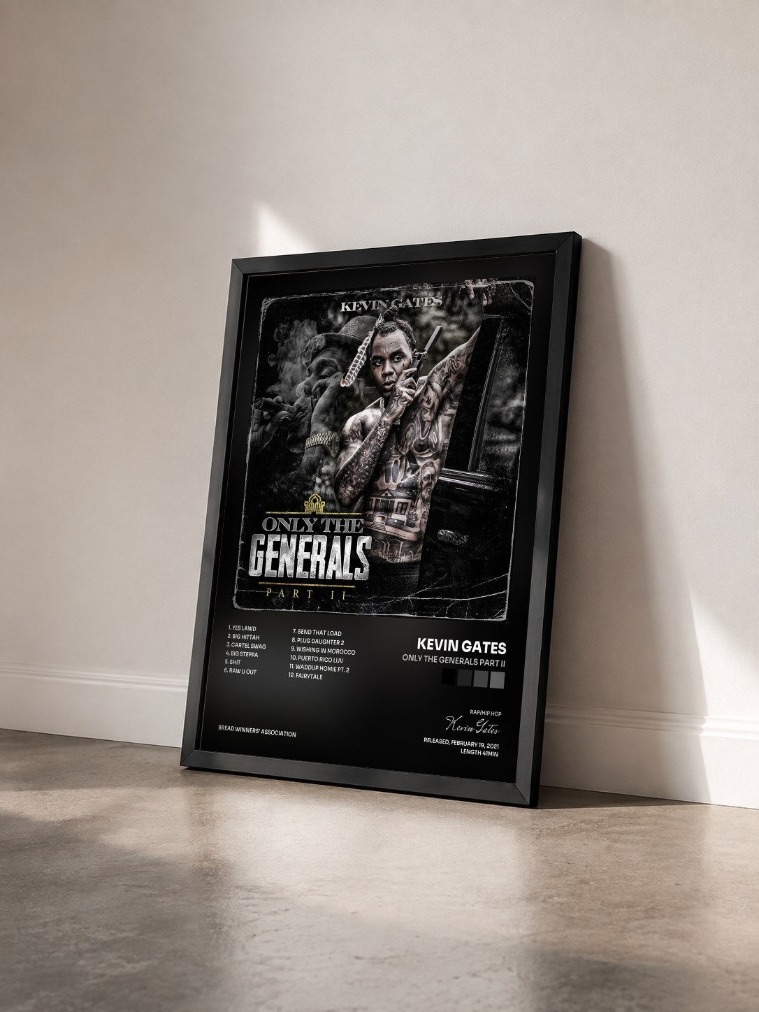 #noir Tableau de l'album Only The Generals Part II de Kevin Gates vu de trois quarts, cadre noir