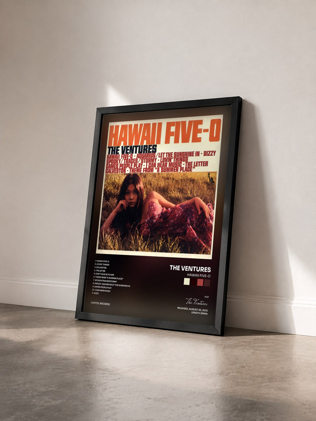 #noir Tableau de l'album Hawaii Five-O de The Ventures vu de trois quarts, cadre noir