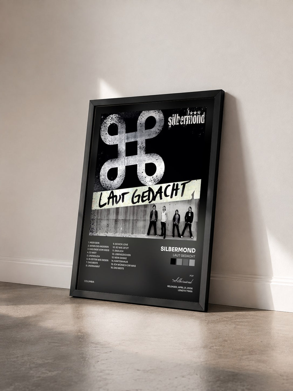 #noir Tableau de l'album Laut gedacht de Silbermond vu de trois quarts, cadre noir