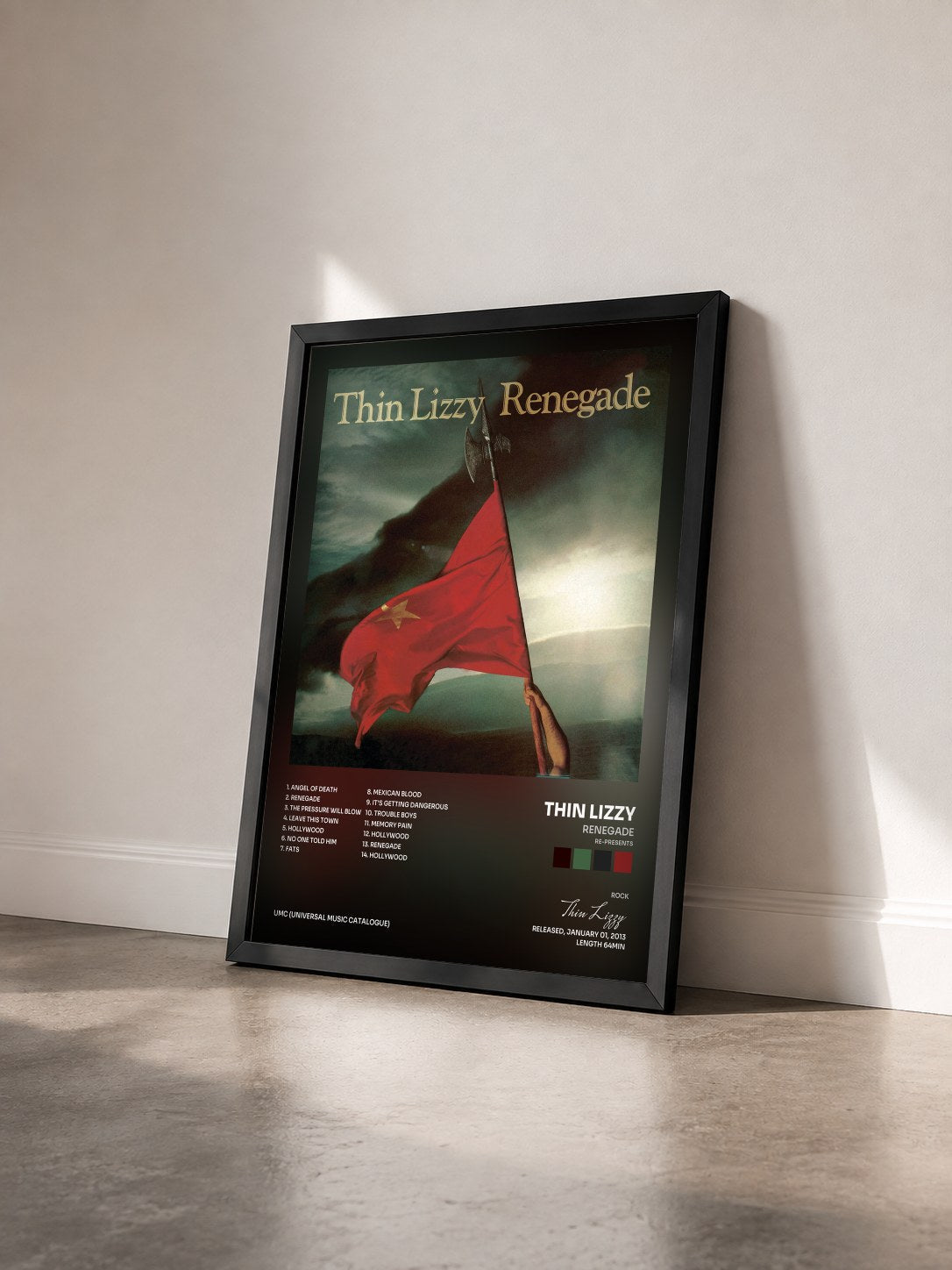 #noir Tableau de l'album Renegade (Re-Presents) de Thin Lizzy vu de trois quarts, cadre noir