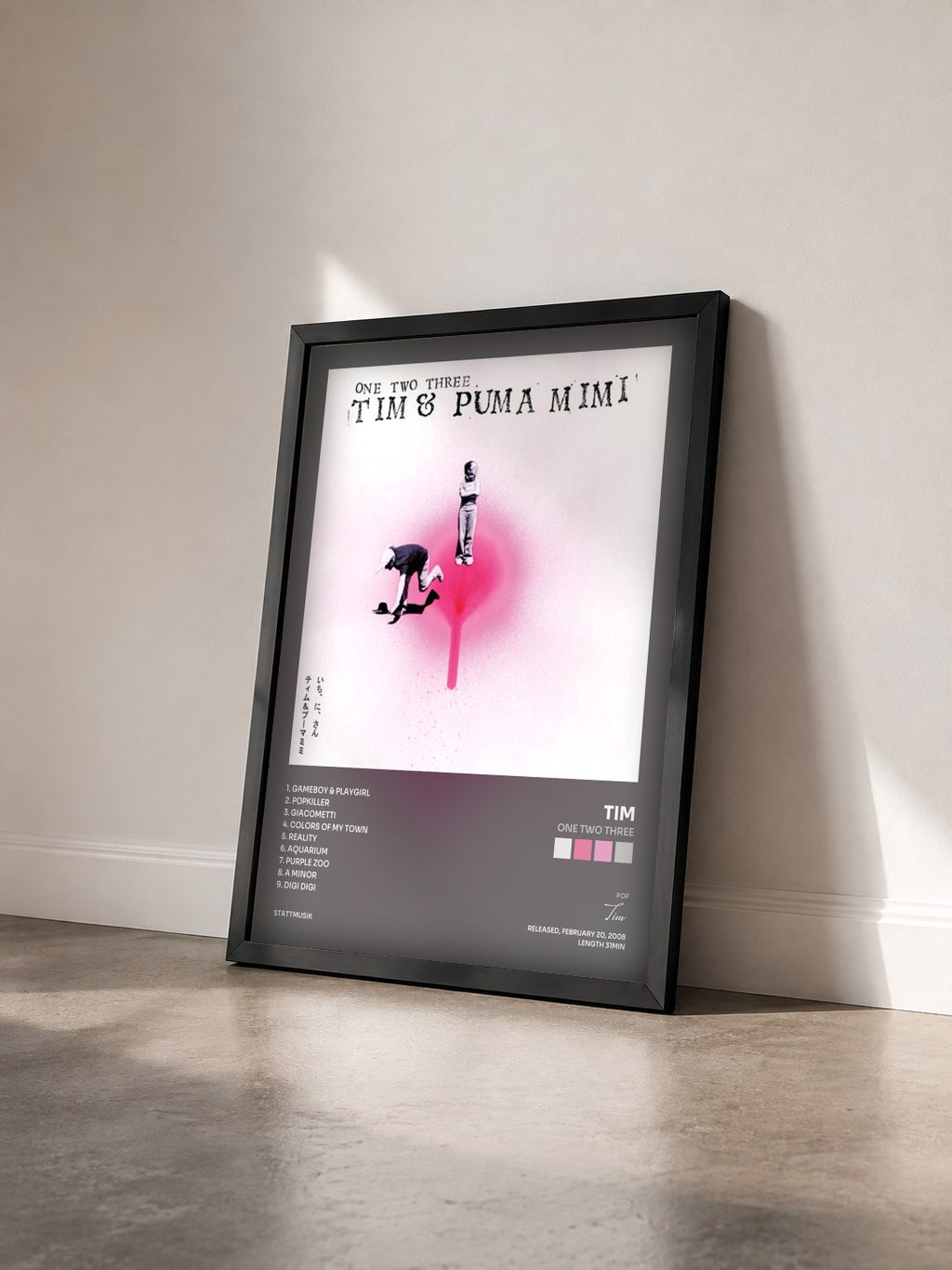 #noir Tableau de l'album One Two Three de Tim vu de trois quarts, cadre noir
