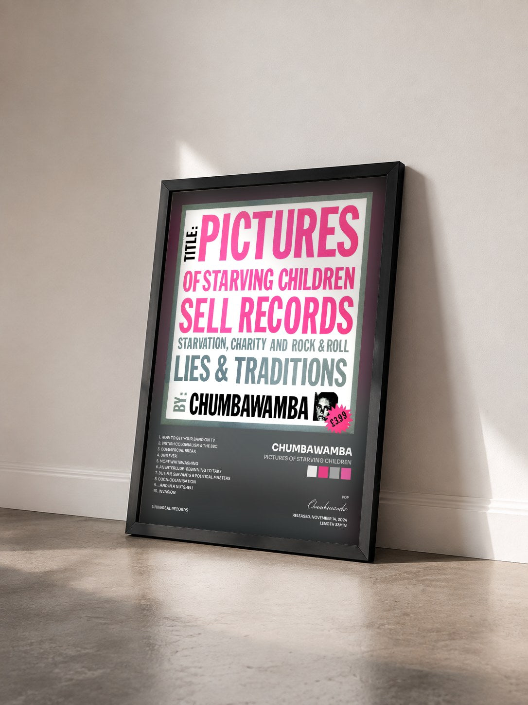 #noir Tableau de l'album Pictures of Starving Children de Chumbawamba vu de trois quarts, cadre noir