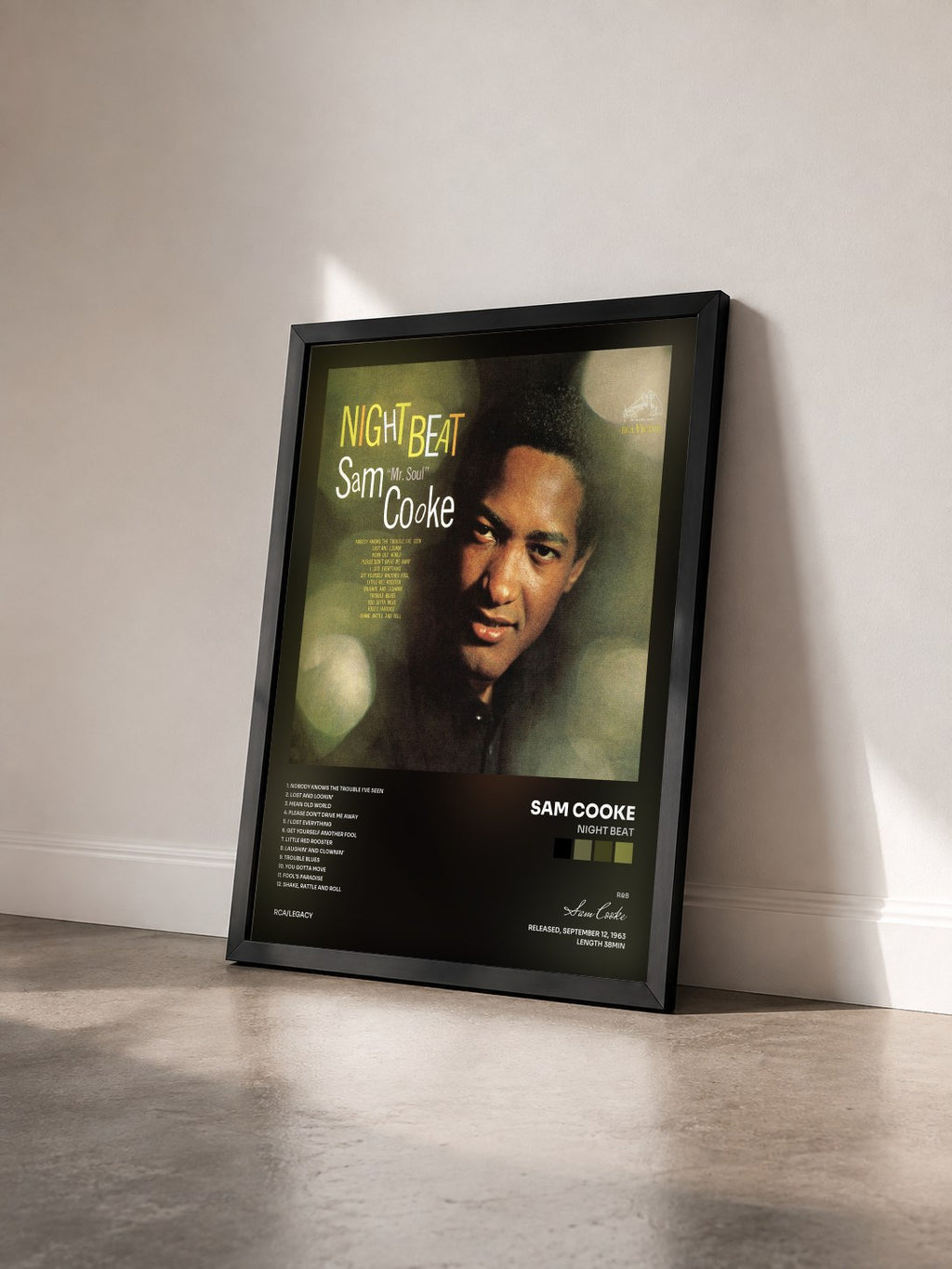 #noir Tableau de l'album Night Beat de Sam Cooke vu de trois quarts, cadre noir