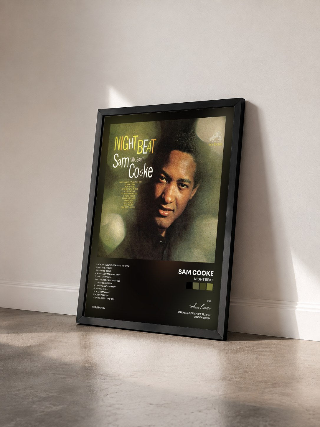 #noir Tableau de l'album Night Beat de Sam Cooke vu de trois quarts, cadre noir