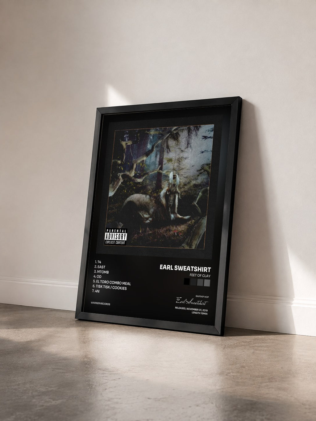 #noir Tableau de l'album FEET OF CLAY de Earl Sweatshirt vu de trois quarts, cadre noir