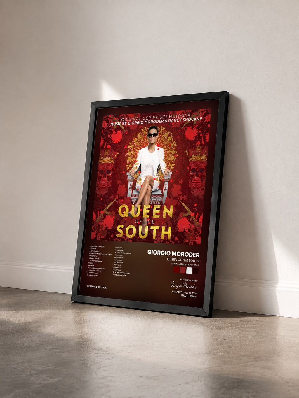#noir Tableau de l'album Queen of the South (Original Series Soundtrack) de Giorgio Moroder vu de trois quarts, cadre noir