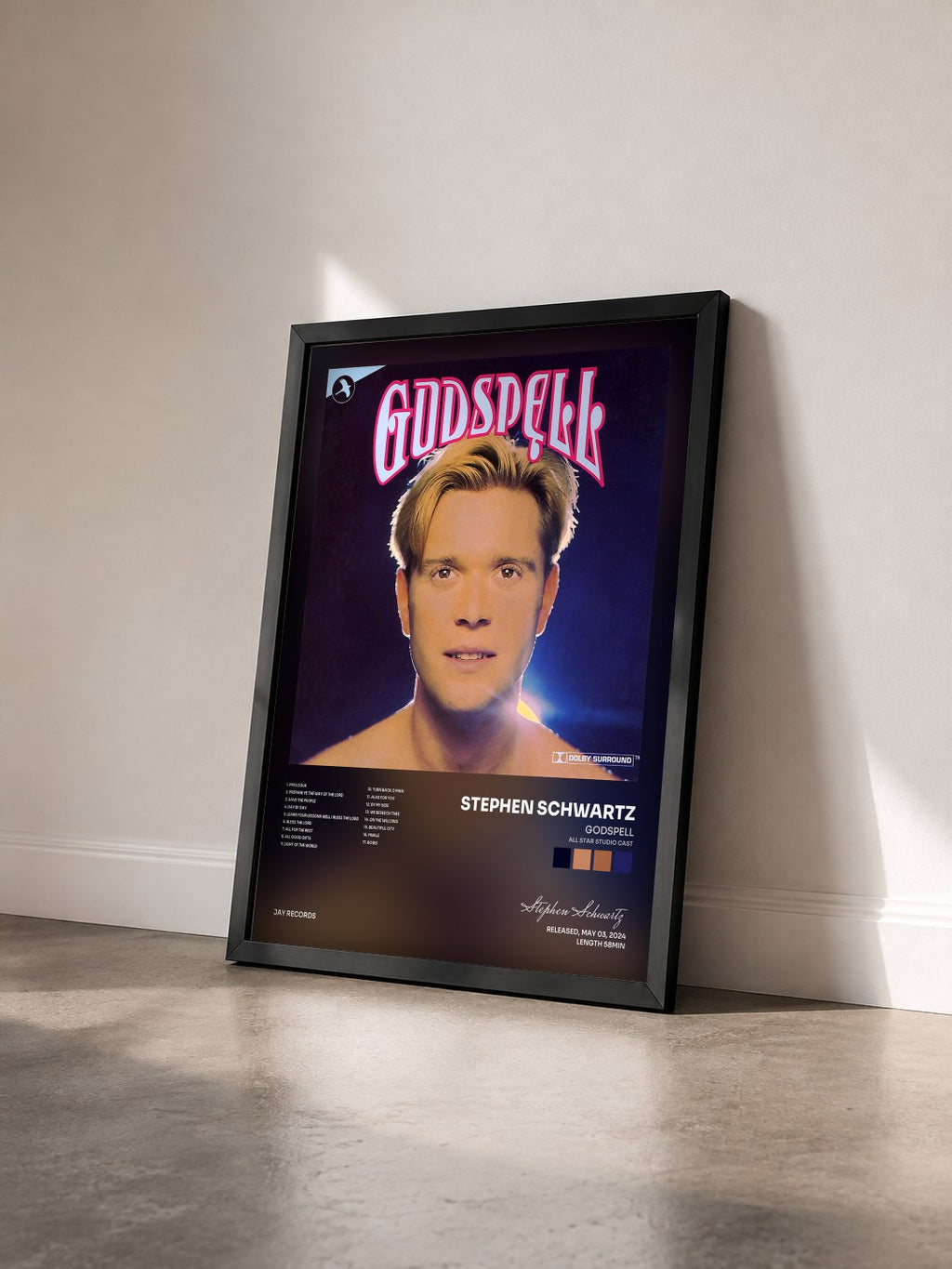 #noir Tableau de l'album Godspell (All Star Studio Cast) de Stephen Schwartz vu de trois quarts, cadre noir