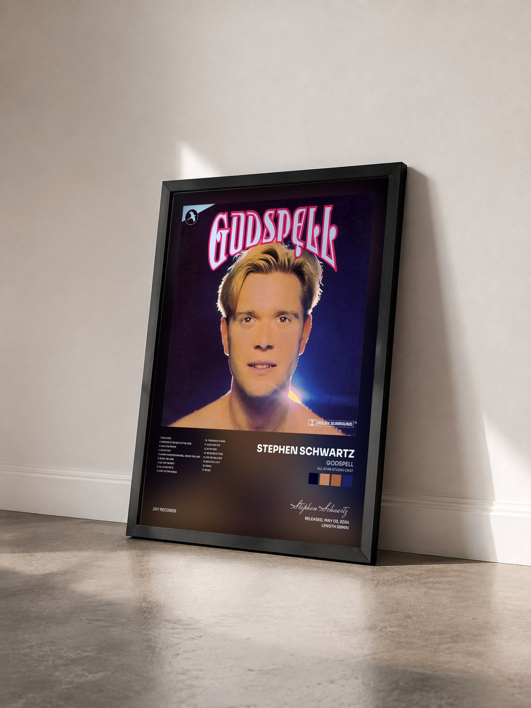 #noir Tableau de l'album Godspell (All Star Studio Cast) de Stephen Schwartz vu de trois quarts, cadre noir
