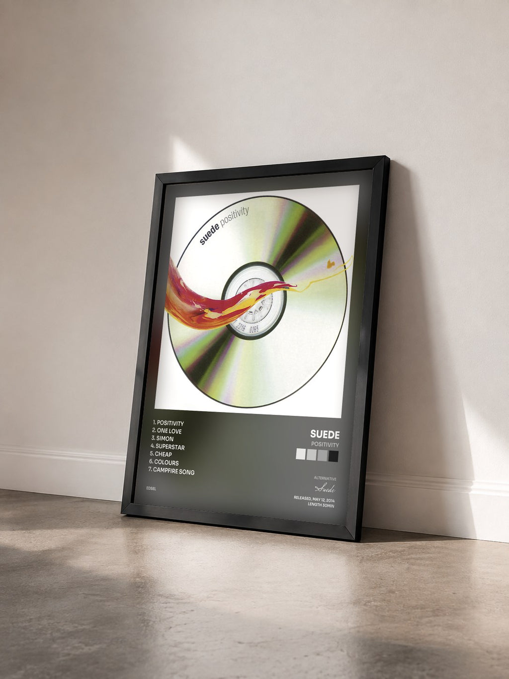 #noir Tableau de l'album Positivity de Suede vu de trois quarts, cadre noir