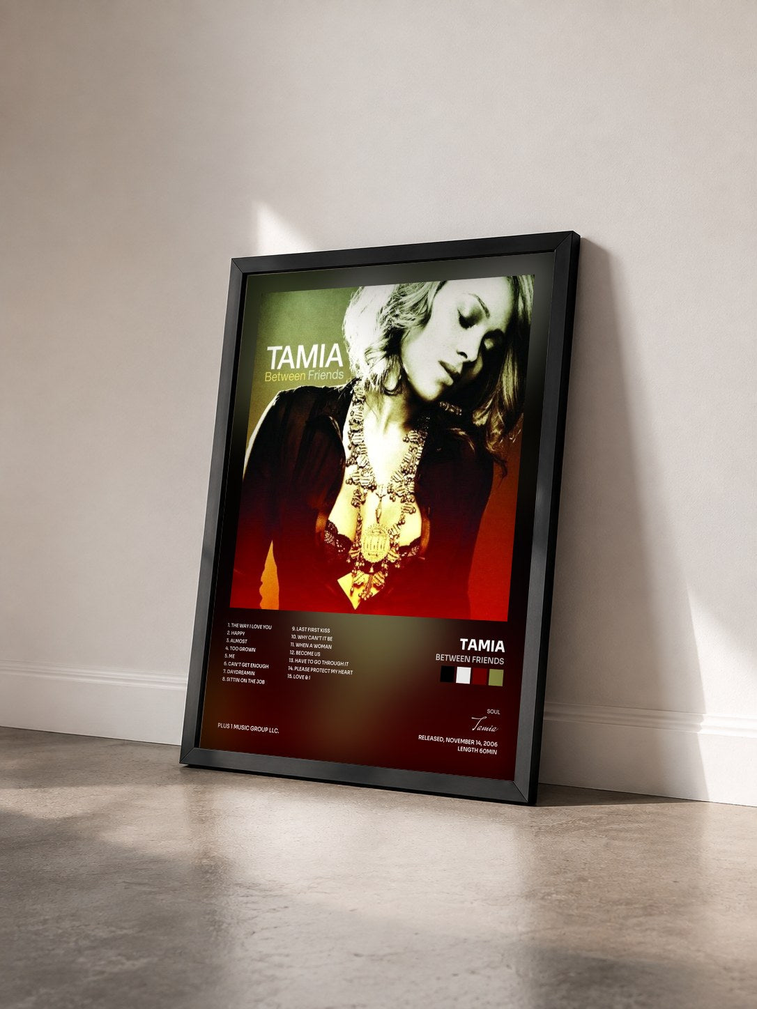 #noir Tableau de l'album Between Friends de Tamia vu de trois quarts, cadre noir