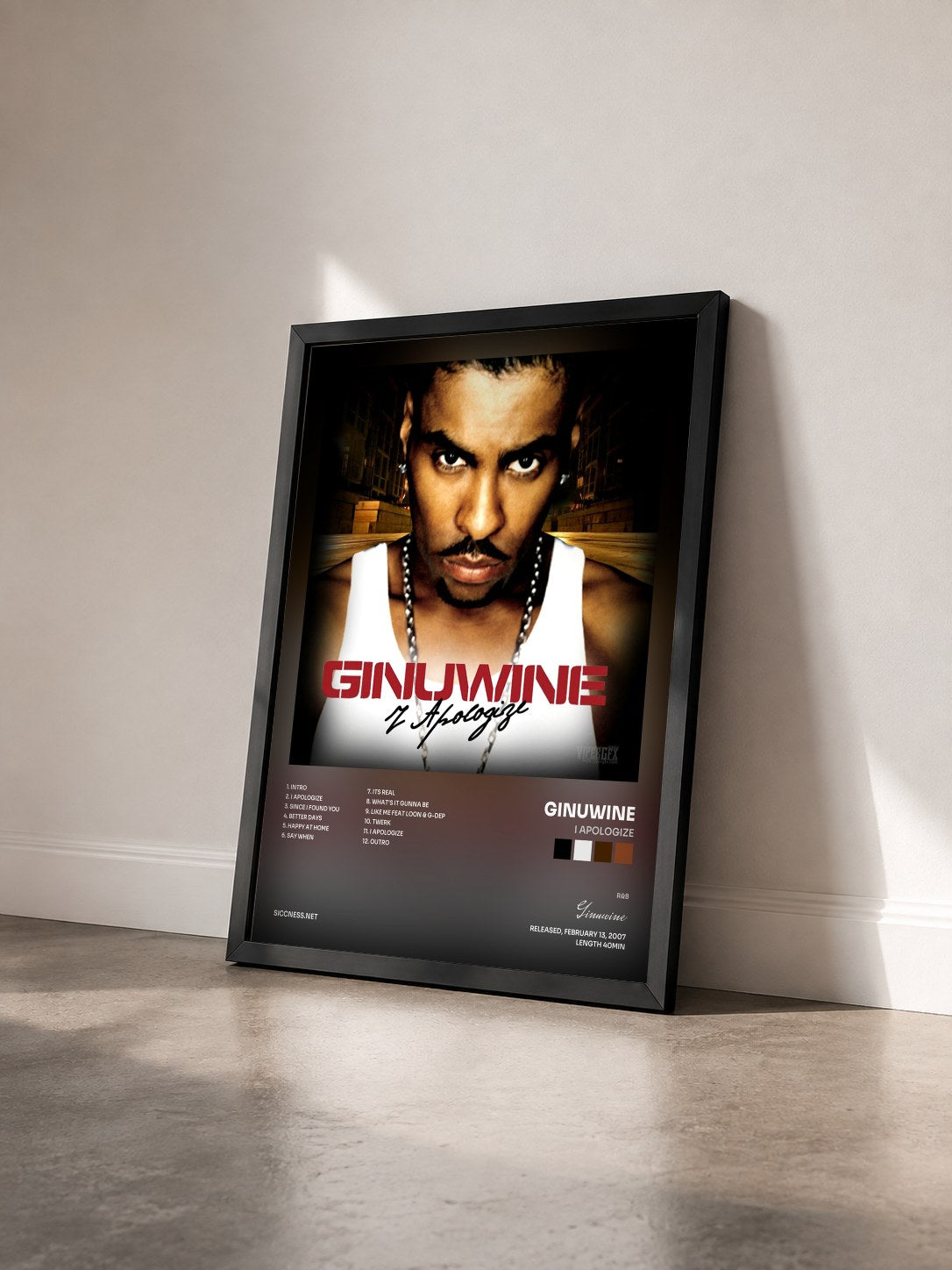 #noir Tableau de l'album I Apologize de Ginuwine vu de trois quarts, cadre noir