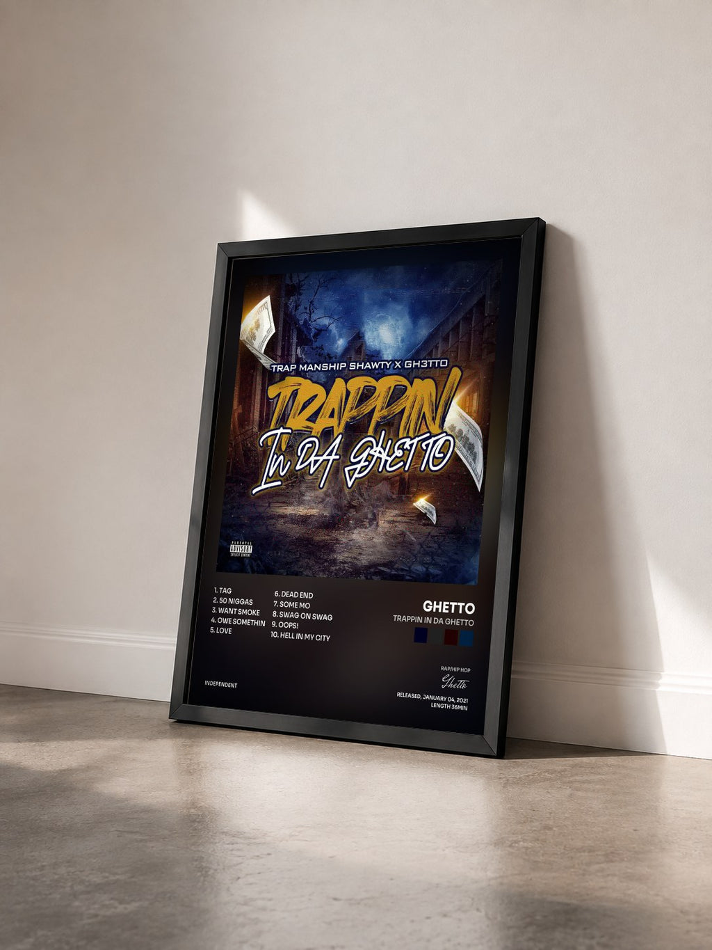 #noir Tableau de l'album Trappin In Da Ghetto de Ghetto vu de trois quarts, cadre noir