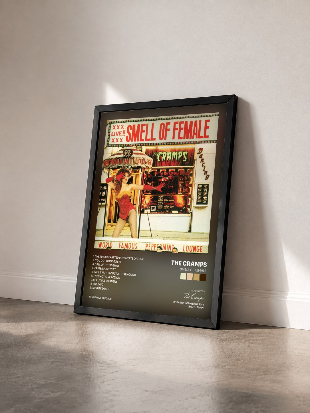 #noir Tableau de l'album Smell of Female de The Cramps vu de trois quarts, cadre noir