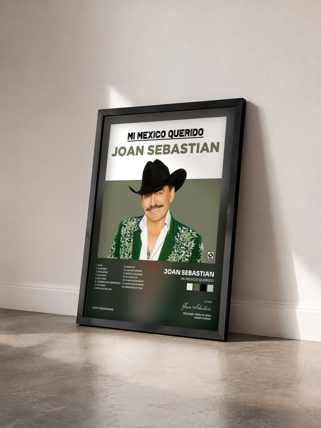 #noir Tableau de l'album Mi Mexico Querido de Joan Sebastian vu de trois quarts, cadre noir