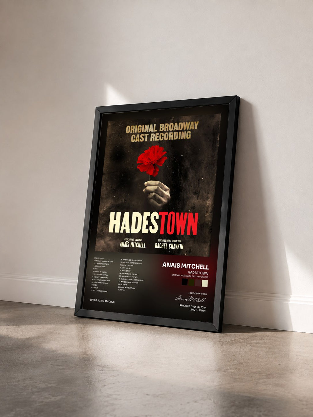 #noir Tableau de l'album Hadestown (Original Broadway Cast Recording) de Anais Mitchell vu de trois quarts, cadre noir