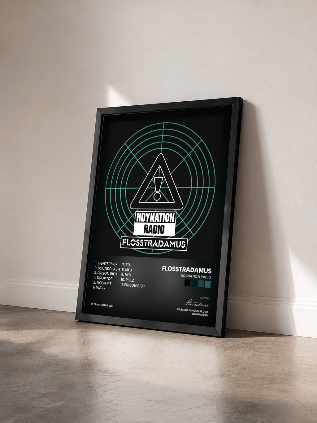 #noir Tableau de l'album HDYNATION RADIO de Flosstradamus vu de trois quarts, cadre noir