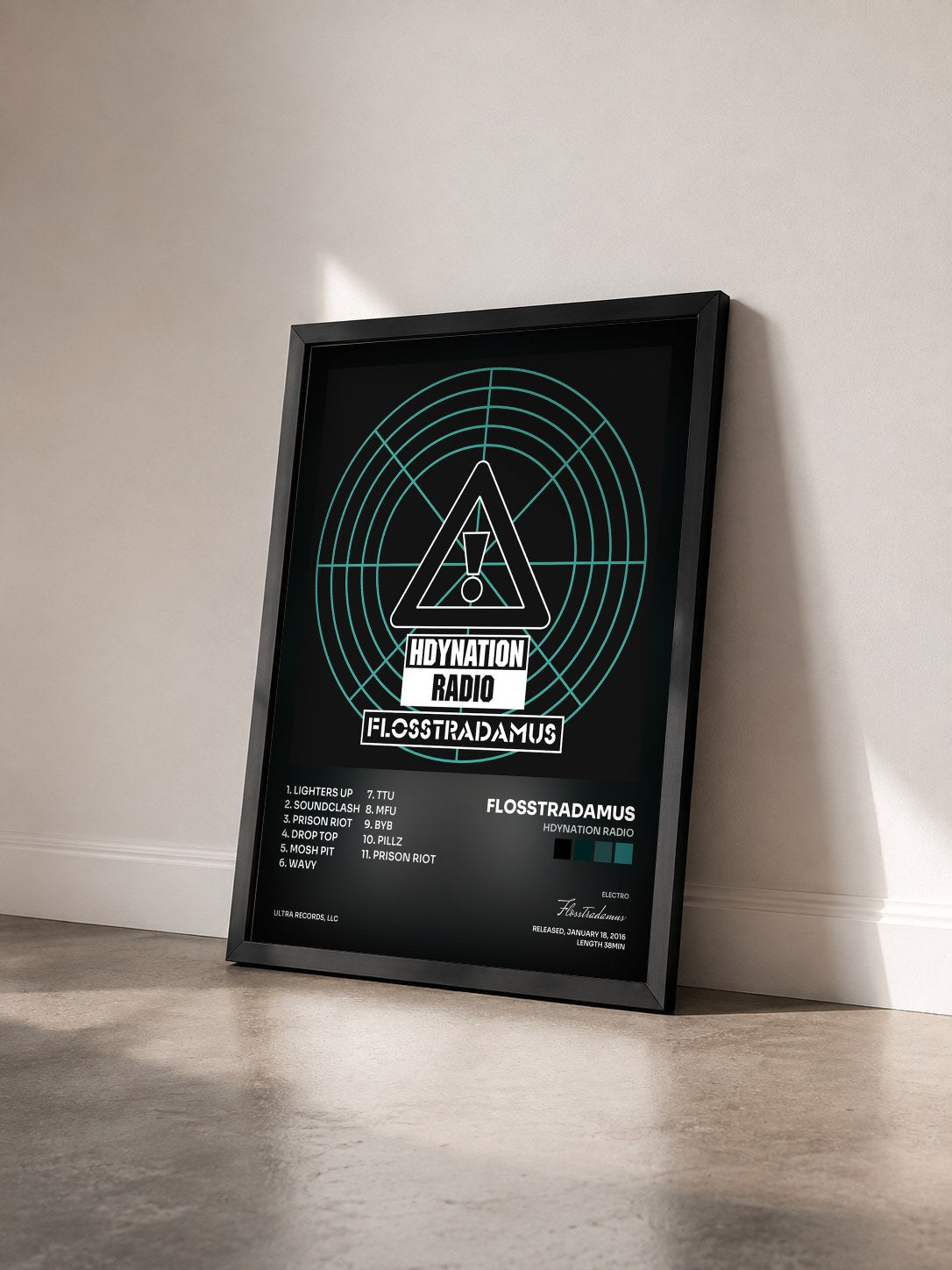 #noir Tableau de l'album HDYNATION RADIO de Flosstradamus vu de trois quarts, cadre noir