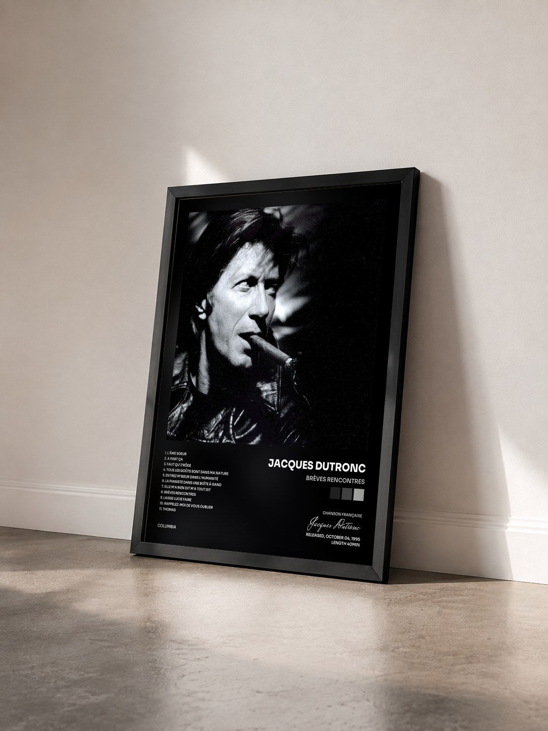 #noir Tableau de l'album Brèves rencontres de Jacques Dutronc vu de trois quarts, cadre noir
