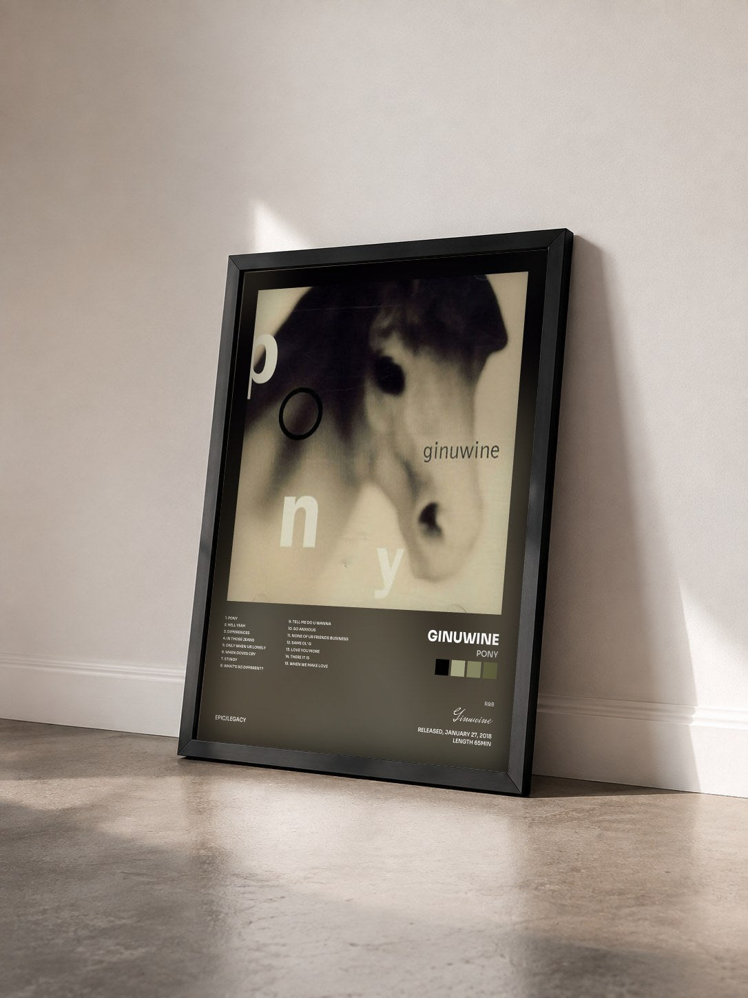 #noir Tableau de l'album Pony de Ginuwine vu de trois quarts, cadre noir