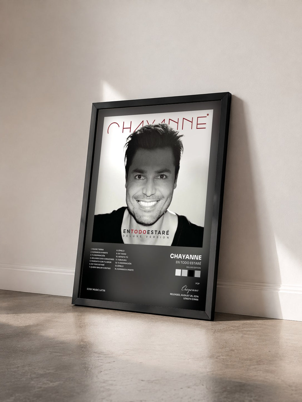 #noir Tableau de l'album En Todo Estaré (Deluxe Edition) de Chayanne vu de trois quarts, cadre noir