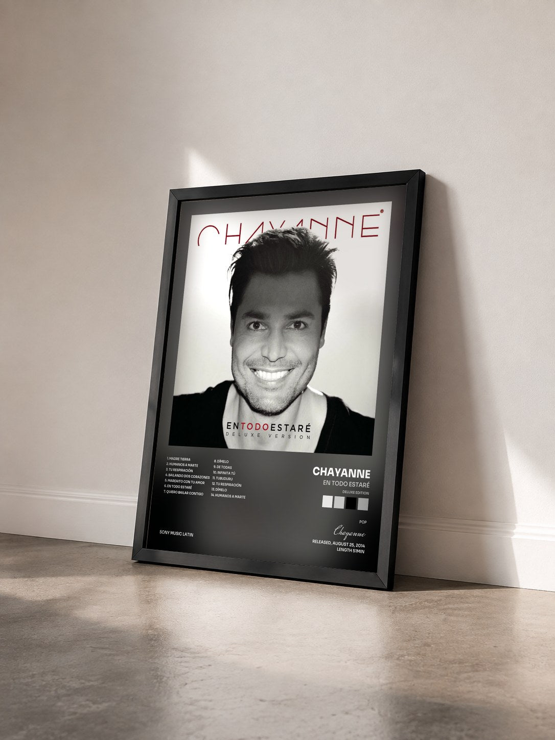 #noir Tableau de l'album En Todo Estaré (Deluxe Edition) de Chayanne vu de trois quarts, cadre noir